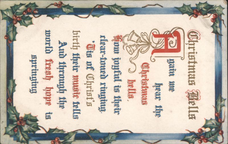 Christmas Bells Poem with Holly & Berries, Religious Holiday Greeting