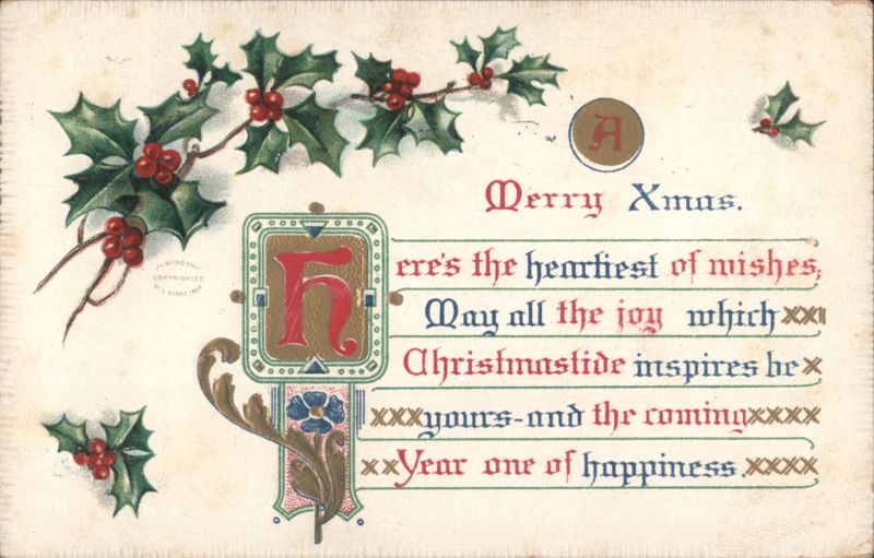 Merry Christmas Greeting with Holly and Berries, Decorative Initials