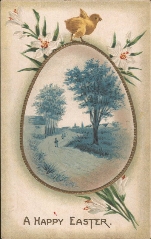 Easter Egg with Landscape, Chick, and Lilies 'A Happy Easter'