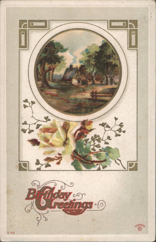 Birthday Greetings: Rural Village Scene with Rose