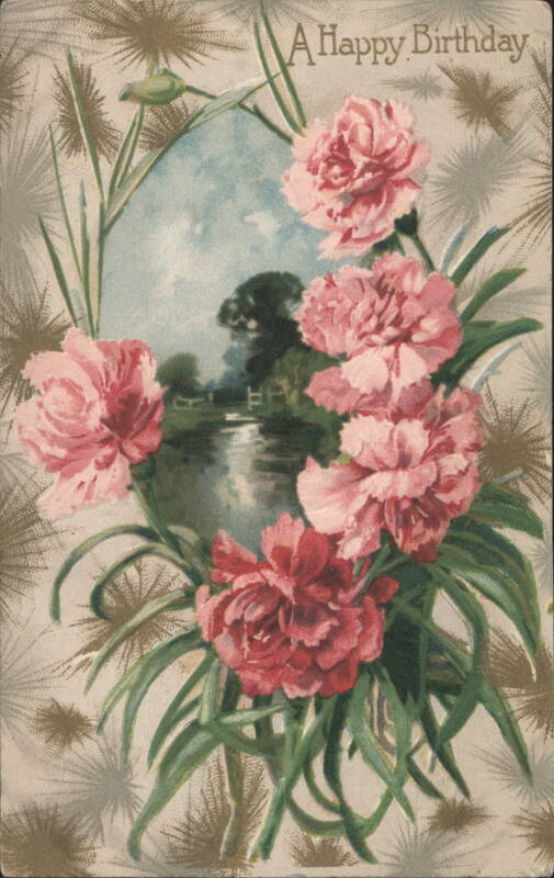 A Happy Birthday Pink Carnations & Serene Landscape Greeting