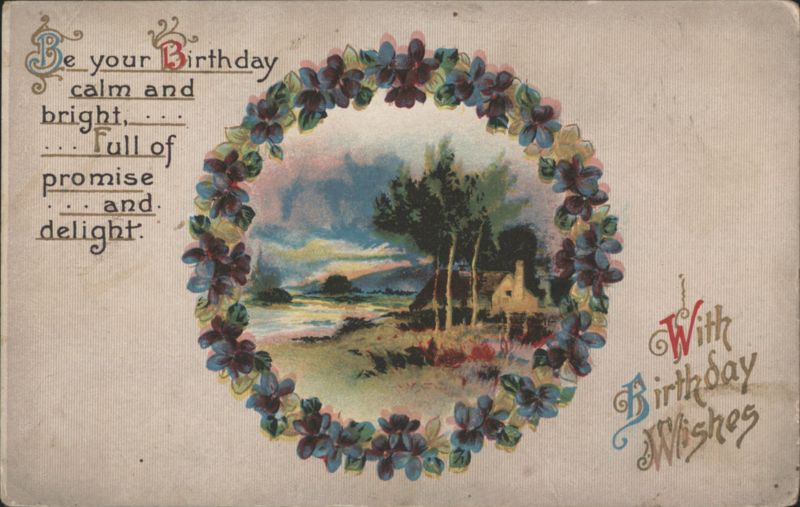 Birthday Wishes with Floral Wreath and Landscape Vignette