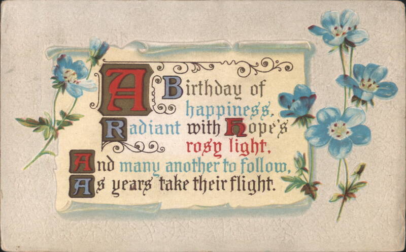 A Birthday of Happiness Greeting with Blue Flowers, Ornate Text