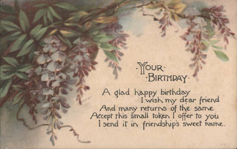 Birthday Greeting with Purple Wisteria Flowers and Friendship Poem