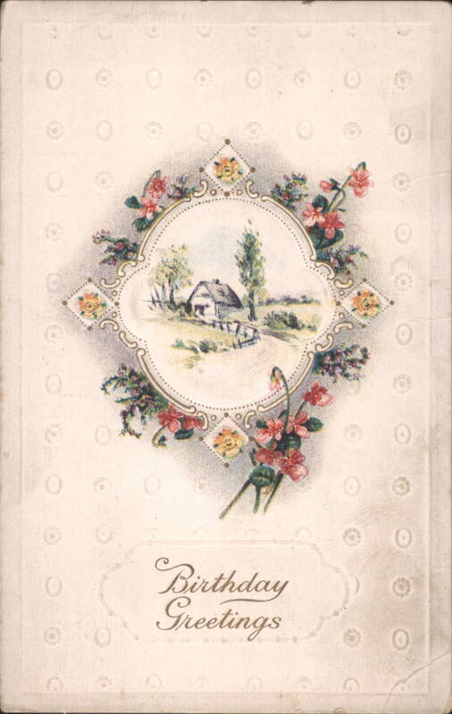 Birthday Greetings with Rural House Scene and Floral Wreath