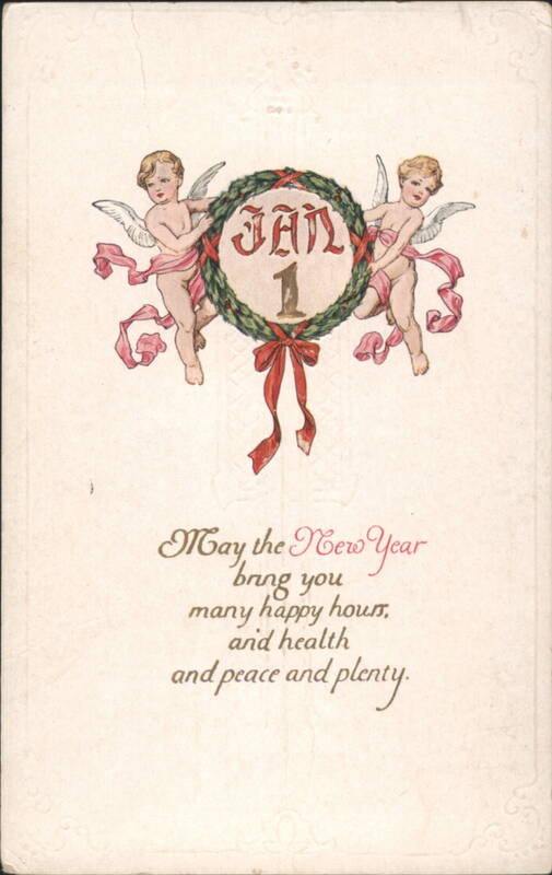 New Year's Greeting with Cherubs Holding JAN 1 Wreath