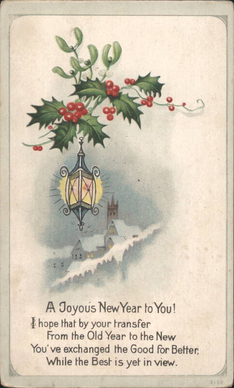 A Joyous New Year Greeting with Mistletoe, Holly, Lantern, and Snowy Village