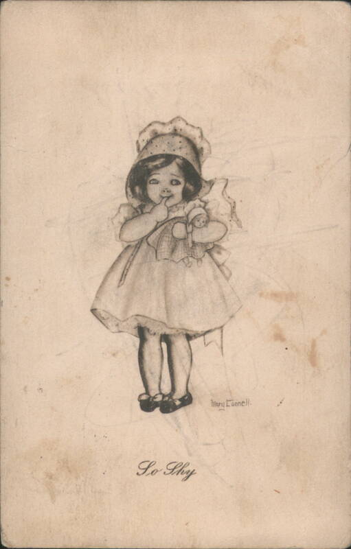 So Shy Little Girl in Bonnet with Doll by Mary Connell