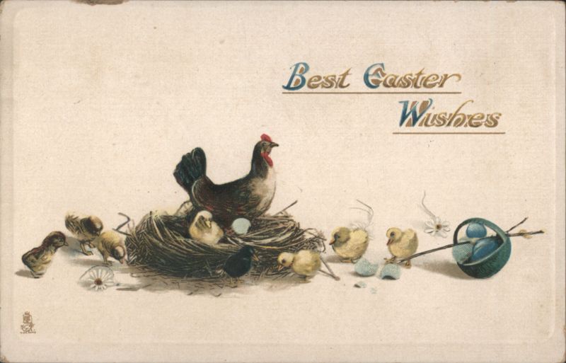 Best Easter Wishes with Hen, Chicks, and Eggs in Nest