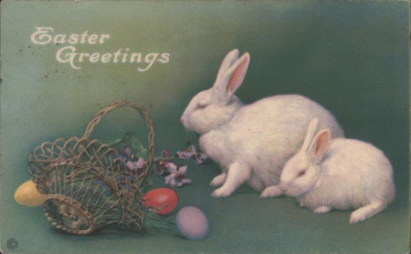 Easter Greetings with White Rabbits, Basket, and Painted Eggs