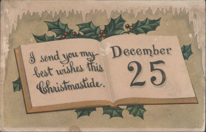 Christmas Greeting with Holly & Berries and December 25 on Open Book
