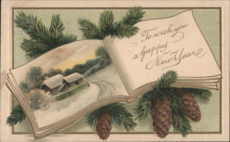 Happy New Year Greeting with Winter Scene Book and Pinecones