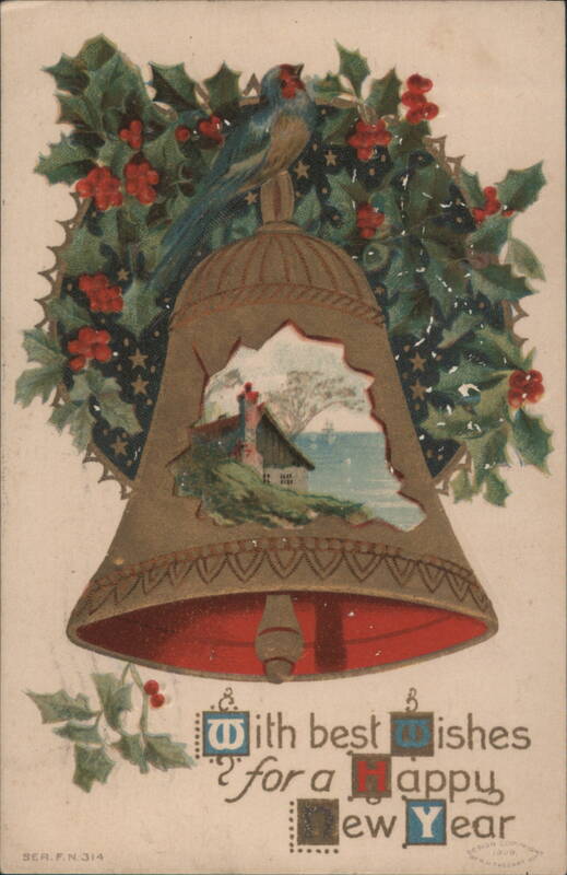 New Year's Bell with Bird, Holly Wreath & Scenic View, Happy New Year