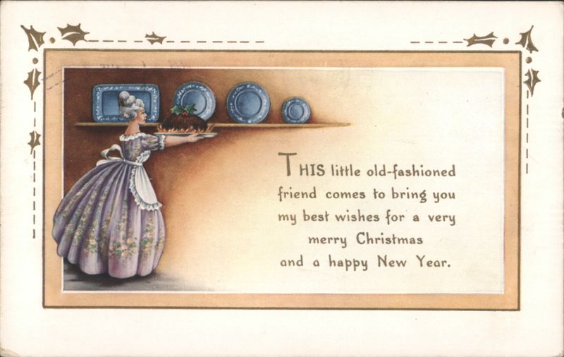 Old-Fashioned Woman Serving Christmas Pudding, Holiday Greetings