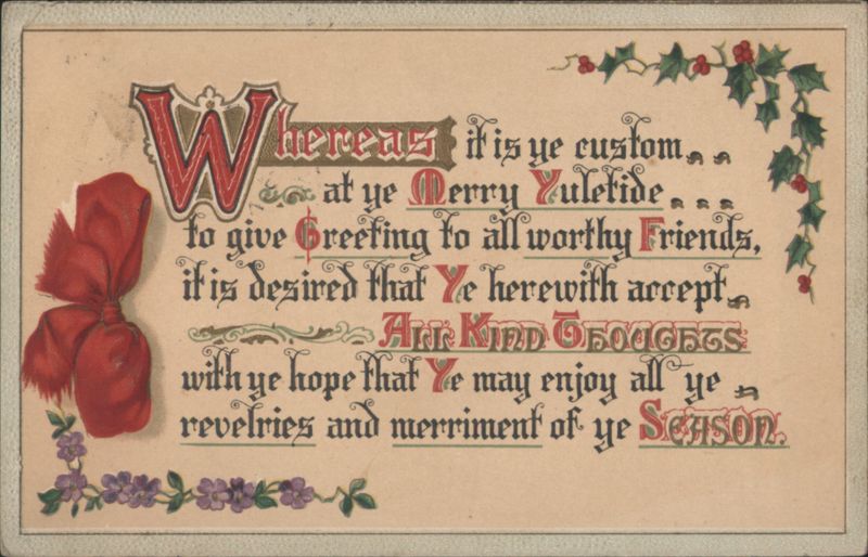Merry Yuletide Greeting with Holly and Red Bow Christmas