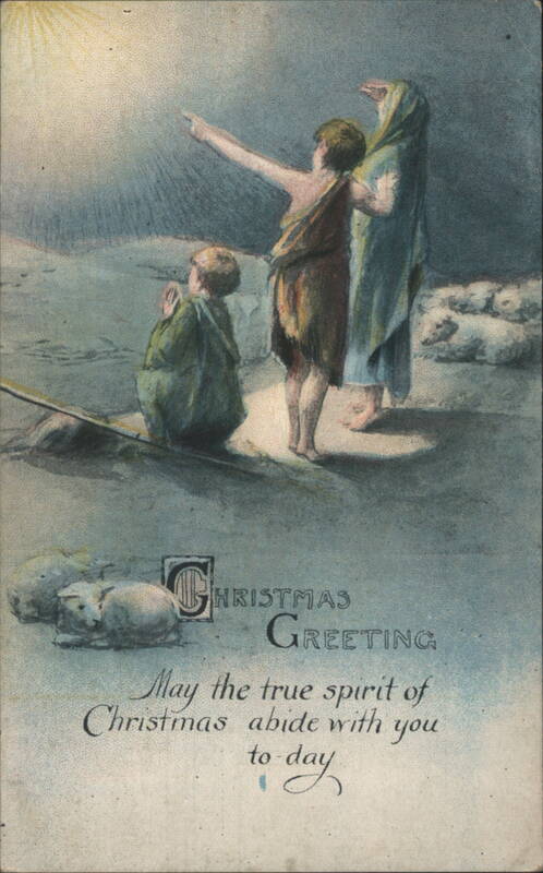 Religious Christmas Greeting: Shepherds and Sheep under a Guiding Light