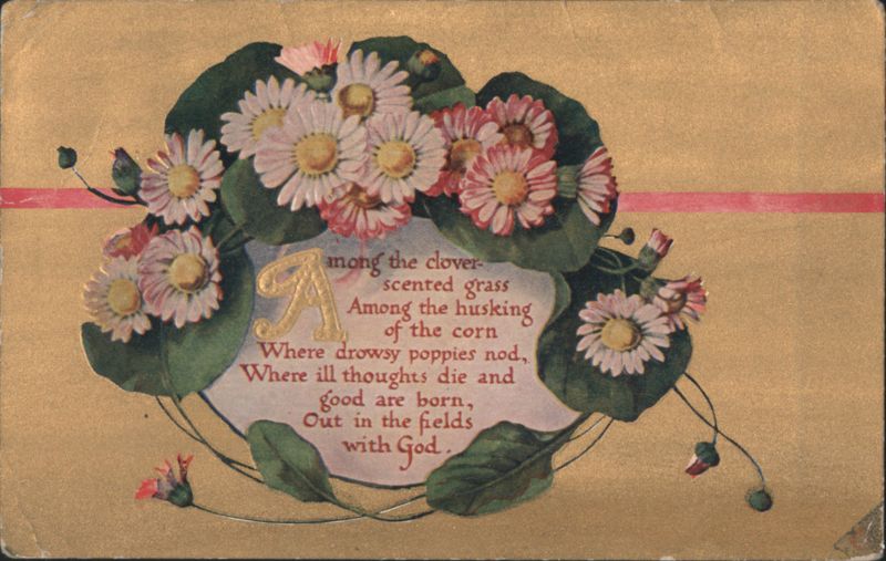Floral Frame with Poem 'Among the Clover-Scented Grass' on Gold Background