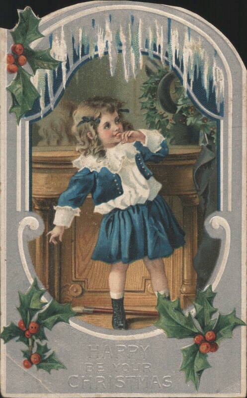 Die Cut Girl in Blue Dress by Fireplace, Holly & Icicles, Happy Christmas Greeting
