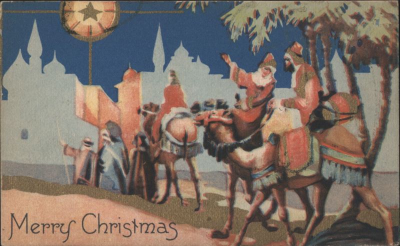 Three Wise Men on Camels Guided by Star of Bethlehem, Merry Christmas