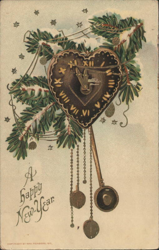 New Year's Heart Clock with Pine Branches, Snow, and Stars, 1911