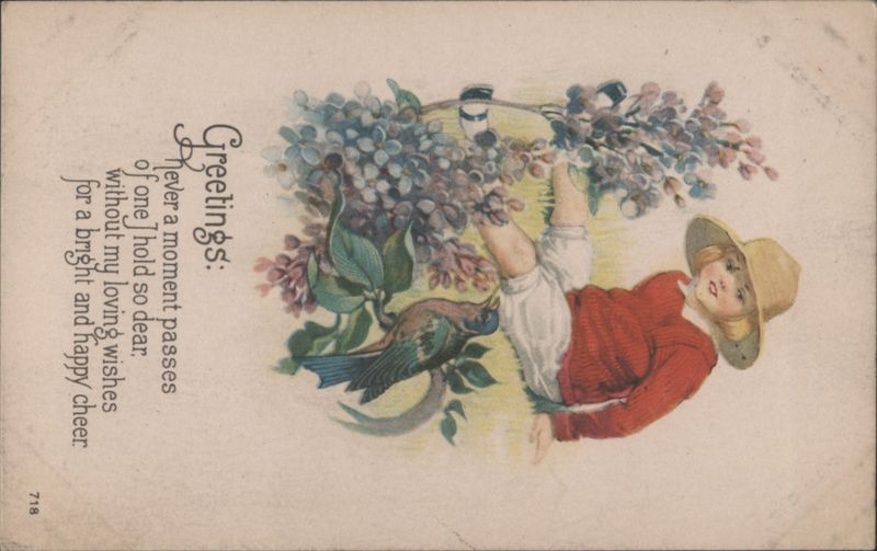 Child Upside Down on Lilac Branch with Birds, 'Greetings' Poem