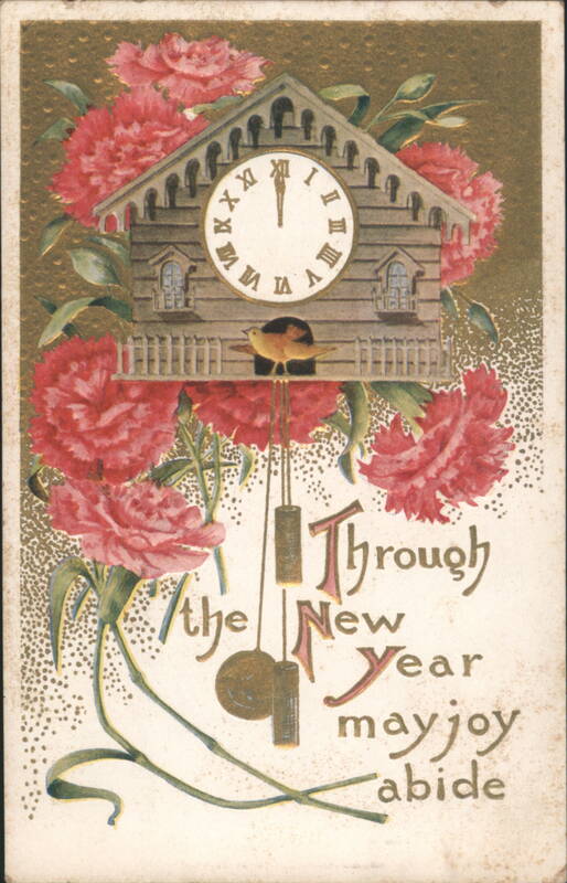 New Year's Clock with Red Flowers and Bird, 'May Joy Abide'