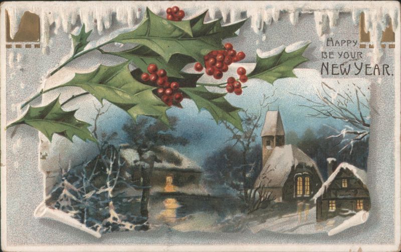 Holly & Berries, Snow-Covered Village, Happy New Year Greeting