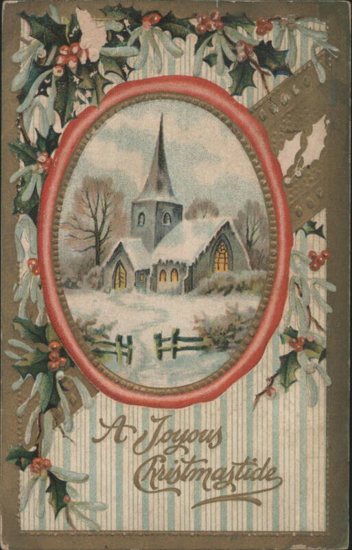 A Joyous Christmastide Winter Church Scene with Holly and Mistletoe