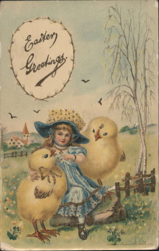 Easter Greetings Girl with Chicks in Spring Landscape
