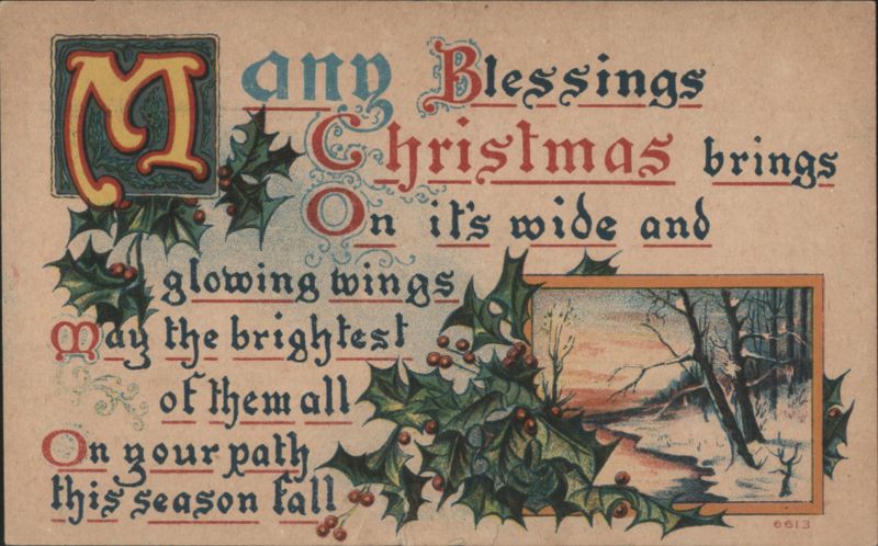 Many Blessings Christmas Greeting with Holly and Winter Landscape, 1910