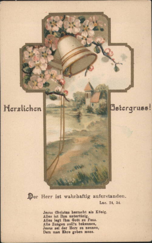 Easter Greeting Cross Cherry Blossoms Bell Lake Church German Verse