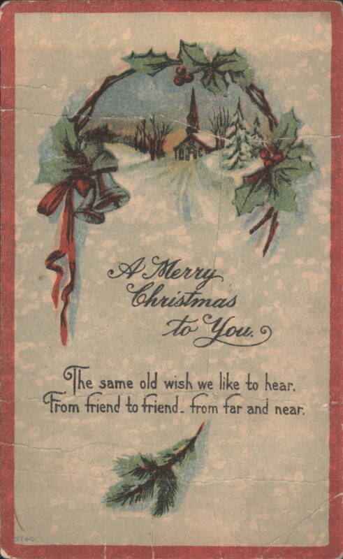 Merry Christmas Greeting with Holly Wreath, Bells, and Snowy Church Scene