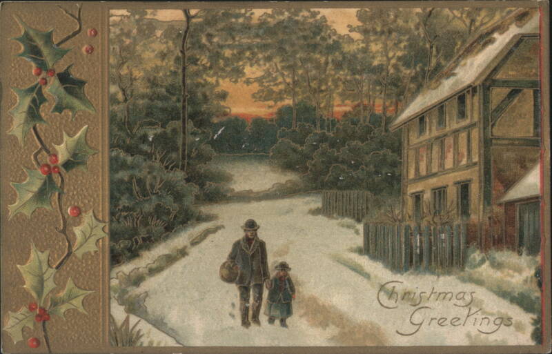 Man and Child Walking in Snowy Woods, Christmas Greetings