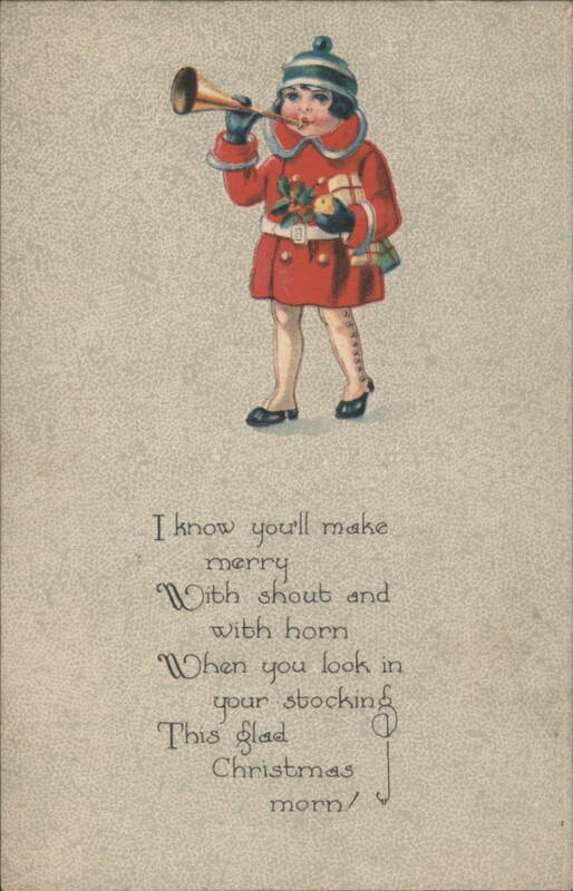 Child in Red Coat Blowing Horn, Christmas Morning Poem