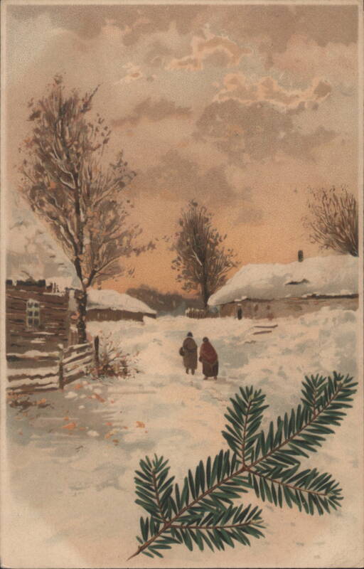 Winter Village Sunset, Snow Covered Huts, Figures, Pine Branch