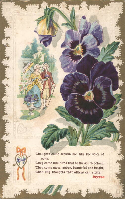 Purple & Yellow Pansies with Couple in Garden, Dryden Poem