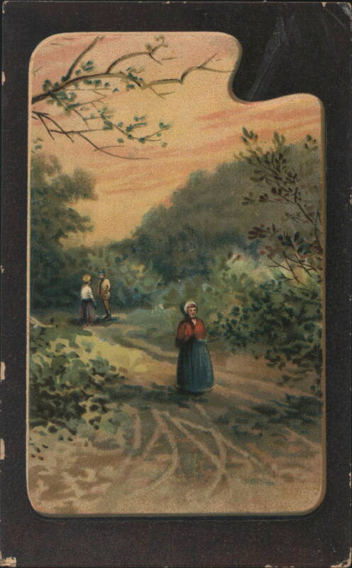 Rural Path with Woman and Men, Palette-Shaped Die-Cut