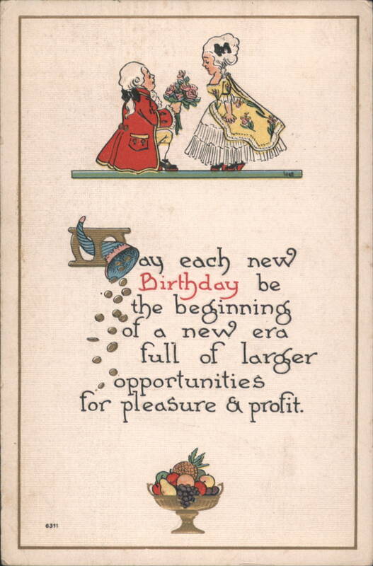 Birthday Greeting with Rococo Figures, Flowers, and Prosperity Message