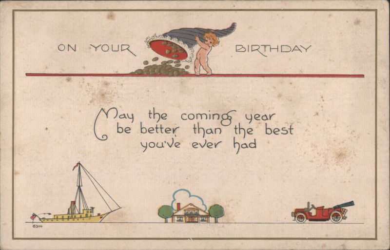 Birthday Greeting with Cherub Spilling Gold, Ship, House, and Car
