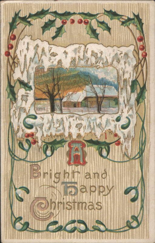 Bright and Happy Christmas Winter Scene with Holly and Icicles