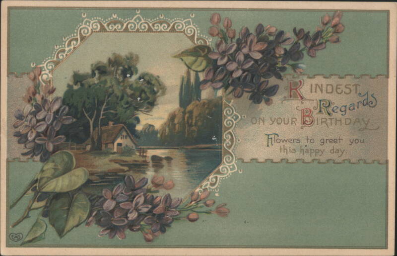 Birthday Greeting with Lilac Flowers and Scenic Lakeside Cottage