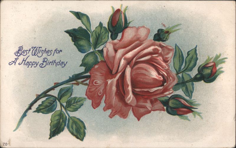 Pink Rose with Buds, Best Wishes for A Happy Birthday Greetings
