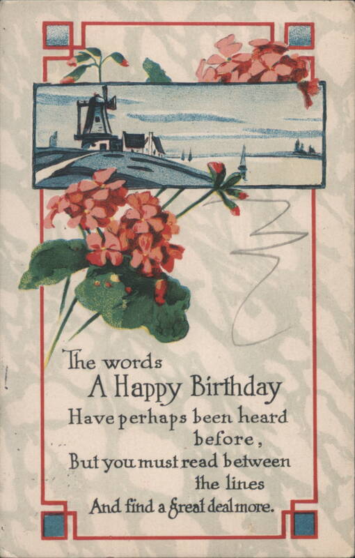 Happy Birthday Poem with Windmill and Geraniums