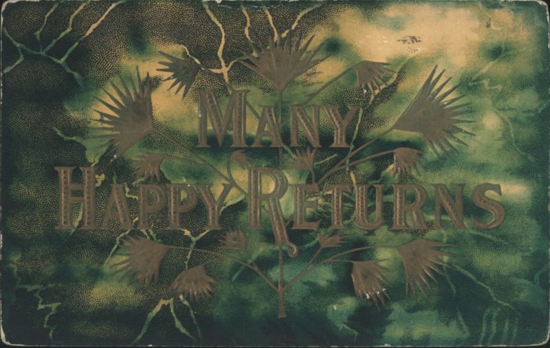 Many Happy Returns Gold Lettering & Stylized Leaves Greeting