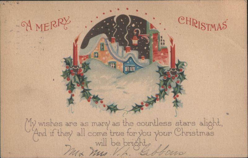 Snowy Village Christmas Scene with Holly & Candles, 1925