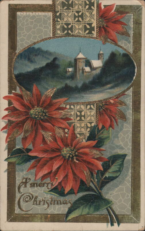 A Merry Christmas Poinsettias & Snowy Castle Landscape