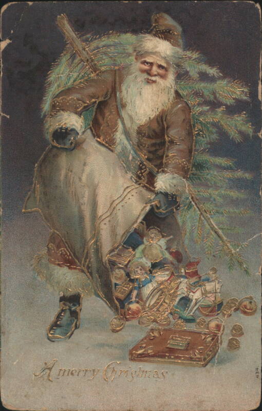 Santa Claus with Christmas Tree & Sack of Toys, Merry Christmas Greeting