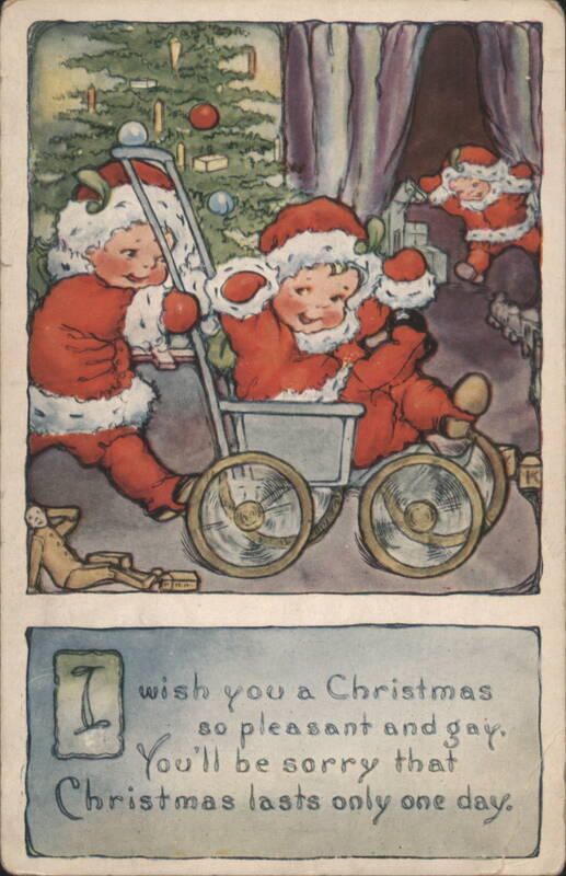 Children in Santa Suits with Wheeled Sleigh, Christmas Greeting