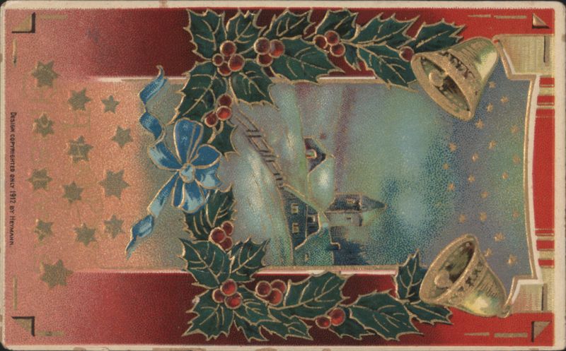 Christmas Holly, Bells, and Blue Bow with Winter Scene, 1912