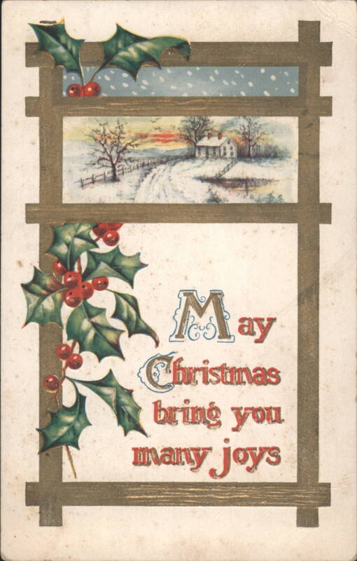Christmas Greeting with Holly and Snowy Winter Landscape